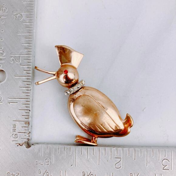 VTG Gold Tone Duck Brooch with Rhinestone Collar Whimsy 50s Figural Pin Quirky - Picture 4 of 7